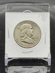 lot 54 image: 1963-D U.S. Mint Silver Franklin Half Dollar