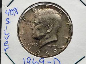 lot 60 image: (2) 1969-D U.S. Mint 40 Percent Silver Kennedy Half Dollars