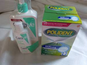 Polydent Whitening and Cerave Foaming Facial Cleaners