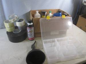 lot 25 image: (D-2) Box of Misc -Tape, Organizer, Brake Cleaner, Funnel Etc