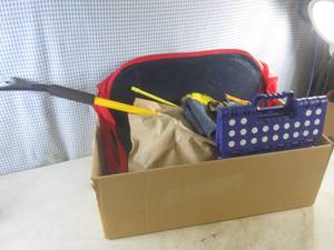 lot 30 image: (G-1) Box with Leather Gloves, Throw Rug, Telescoping Window Scrapper, Folding Step, Hangers, Duster and 2 Folding Hampers