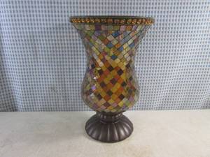 lot 56 image: (FS) Party Lite Mosaic Pillar Candle Holder with Fake Battery Operated Candle 12 High