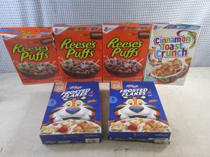 lot 107 image: (B-1) 6 Boxes Assorted Cereal All In Date 2025 - Dinged Up Boxes 11.5 and 12oz Boxes
