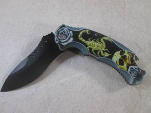 lot 198 image: (CNTR) Scorpion Skull Rose Design Spring Assist Folding Knife with Belt Clip - 8 38 Open  4 34 Closed - New In Box
