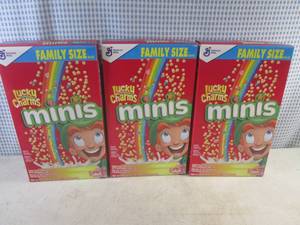 lot 254 image: (C-1) 3 Family Size Boxes Lucky Charms Minis Cereal Best by March 2024