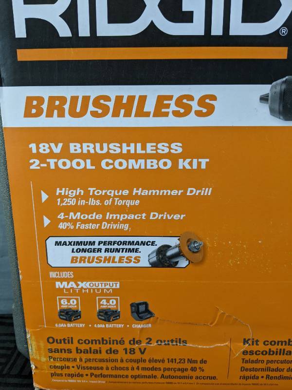 lot 12B image: Brand New Ridgid 18V Brushless 2-Tool Combo Kit with 6.0 Ah and 4.0 Ah MAX Output Batteries, Charger, and Hard Case $379 Retail