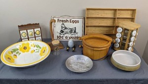 lot 51 image: Farmhouse Style Kitchen Decor Items and Serving Bowls Spice Racks, Fresh Eggs Sign, Drawer Organizer and More