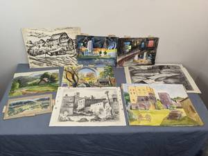lot 16 image: An Assortment of 9 Watercolor and Believed to be Charcoal Paintings and Drawings