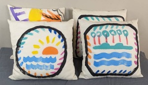 lot 25 image: (4) Hand Painted White Decorative Throw Pillows - 15 x 15