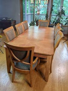 lot 4A image: Wood Dining Room Table with Leaf and 8 High-Back Upholstered Chairs
