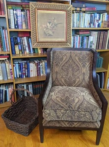 lot 86 image: Accent Arm Chair, Syroco Art Basket with Flowers Wall Art and Wicker Basket
