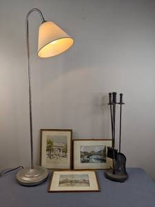 lot 67 image: Floor Lamp, Fireplace Tool Set, Framed Artwork (3)
