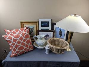 lot 93 image: A Collection of Home Decor Lamp, Indoor Outdoor Pillows, Ceramic, Artwork, Etc.