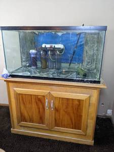 lot 102 image: Fish Tank Aquarium System with Solid Wood Cabinet Stand