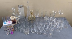 lot 64 image: Vintage and Modern Barware Includes Irena Lead Crystal, Crown Corning, Joyjolt Hue Shotglasses, Lt Ed Anheuser Busch Beer Stein, and More