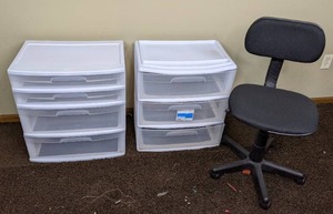 lot 112 image: Office Furnishings Small Rolling Office Chair, Home Essentials 3-Drawer Cabinet, Sterilite 4-Drawer Cabinet