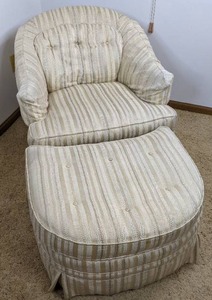 lot 113 image: Cream and Gold Striped Chair with Matching Ottoman