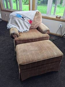 lot 96 image: Well Loved Chair, Ottoman, and Blanket