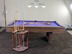 lot 5A image: Pool Table, Pool Cue Stand, Chalk, and Cues