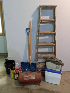 lot 123 image: Garage Finds includes Ladder, Empty Air Tank, Vector Travel Cooler, Coleman Cooler and Various Bottles