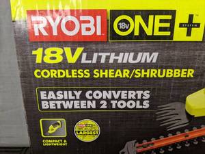 lot 6B image: Brand New Ryobi ONE 18V Cordless Battery Grass Shear and Shrubber Trimmer with 1.3 Ah Battery and Charger $149 Retail