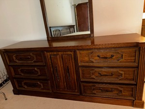 lot 15 image: MCM Solid Wood Dresser Measuring 72 Wide By 18 Deep By 30 High 74 With Mirror