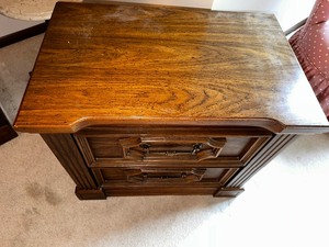 lot 21 image: Pair Of MCM Solid Wood Bassett Nightstands One Top Needs Refinishing Measuring 25 12 Wide By 16 Deep By 22 Tall