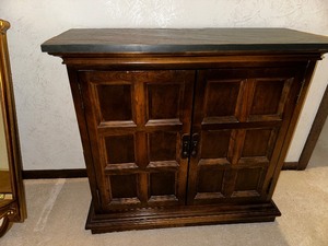 lot 31 image: Vintage Solid Wood Cabinet with Stone Like Top Side Table Measuring 32 Wide 12 Deep 30 Tall