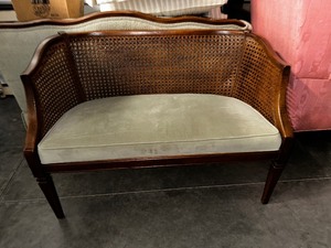 lot 199 image: Vintage Cane Back Settee Bench with Wood Frame and Upholstered Cushion