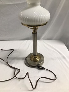 lot 92 image: Vintage Chrome Brass Like Desk Lamp, Measuring 15 Tall With Milk, Glass Shade That Has Small Chip In The Top
