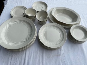 lot 182 image: Vintage Wm Adams & Sons Real English Ironstone Micratex All White with Inner Ribbing China - 8 Dinner Plates, 8 Salad Plates, 8 Bowls, 8 Saucers, 4 Cups, 8 Bread, and 2 Serving Bowls