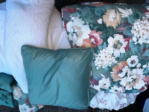 lot 188 image: King Size Bedding Including Dust Ruffel, Mattress Pad, Sheets, Blanket, Comforter, Pillow Shams, and Decorative Pillows