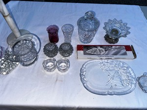 lot 190 image: Variety of Vintage Candle Holders, Candy Dishes, and Glass Serving Dishes