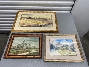 lot 164 image: Three Pieces Of Watercolor Landscapes Framed One Measuring 24 X 15 one Measuring 15 12 X 12 one Measuring 14 12 X 11 Farmstead And Church