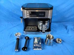 lot 124 image: DeLonghi All-in-One Combination Coffee Maker & Espresso Machine  Advanced Adjustable Milk Frother for Cappuccino & Latte  Glass Coffee Pot 10-Cup