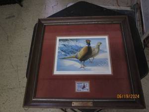 lot 77 image: phesants painting and stamp...