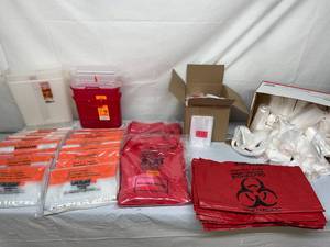Large Lot of Biohazard Infectious Waste Specimen Transport Bags and Sharps Containers