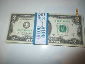 Bundle Of $2.00 Bills, 50 Consecutively Numbered Bills Totaling $100.00 USD