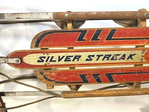 lot 59 image: Vintage 1950s Silver Streak Wooden Snow Sled (52 Total Length) in Good Overall Condition
