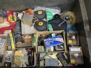 lot 81 image: Amazing Vintage US Air Force Foot Locker (32 x 16 x 13) Loaded with Vintage Model Airplane Gas Kit Accessories including Top Flite Wood Propellors