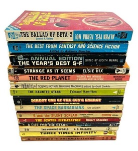 lot 96 image: Amazing Sci-Fi Soft Cover Books by Authors James Blish, J.G. Ballard, Robert Sheckley, Tom Godwin, Elsie Hix and More