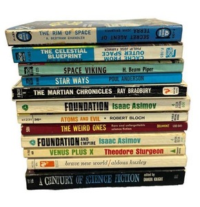 lot 95 image: Amazing Sci-Fi Soft Cover Books by Authors Ray Bradbury, Issac Asimov, Aldous Huxley, H. Beam Piper, and More