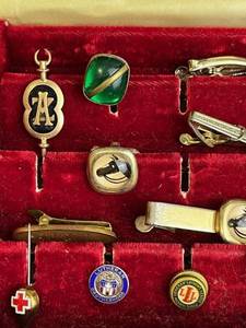 lot 106 image: Vintage Mens Jewelry Box with Tie Clips, Cuff Links, and Lapel Pins (No Gold or Silver)