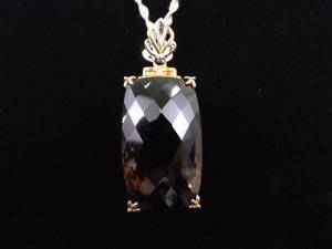 .925 Sterling Silver Gold Accented Large Smokey Quartz Crystal Pendant Necklace