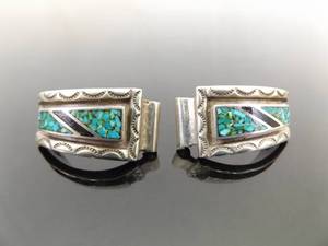 .925 Sterling Silver Inlayed Turquoise and Onyx Navajo Watchband Links