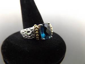 .925 Sterling Silver Gold Accented Oval Cut Aquamarine Crystal Ring Size 8