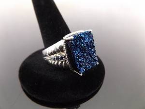 .925 Sterling Silver Sapphire Crystal Accented Blue Druzy Ring Size 8.25