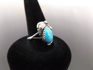 .925 Sterling Silver&nbspNavajo Turquoise Cabochon Ring Size 6.5