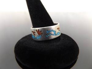 .925 Sterling Silver&nbspInlayed Turquoise and Coral Kokopelli Band Ring Size 10