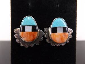 .925 Sterling Silver Turquoise, Coral, Onyx, and Mother of Pearl Navajo Post Earrings